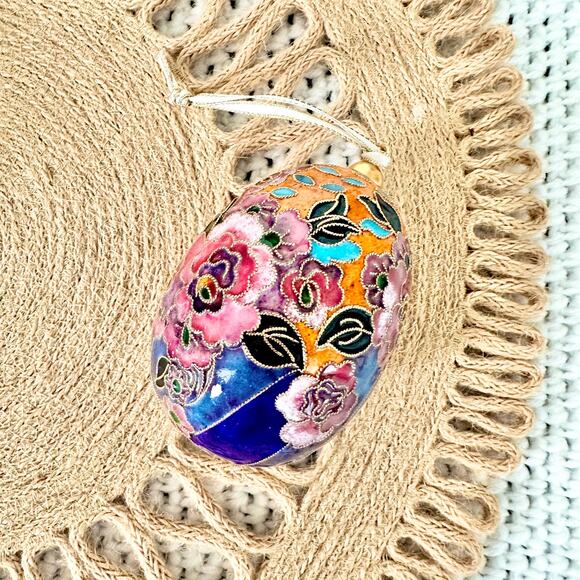 Vintage Other - Vintage Orange Blue Pink Floral Cloisonne Egg Ornament Ornate Heavy Artsy